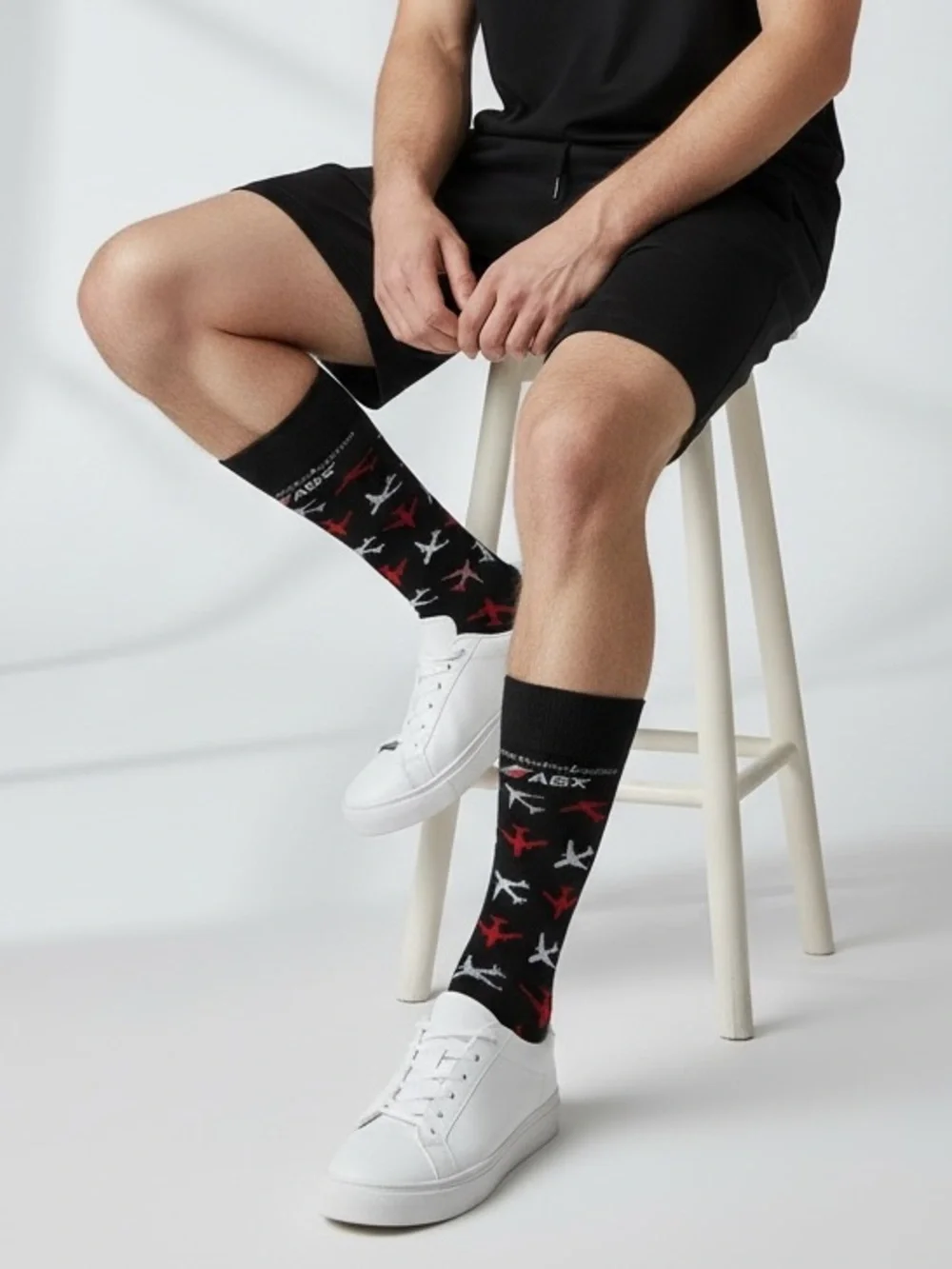 Men's Black Crew Socks with Red & White Airplane Pattern NWT